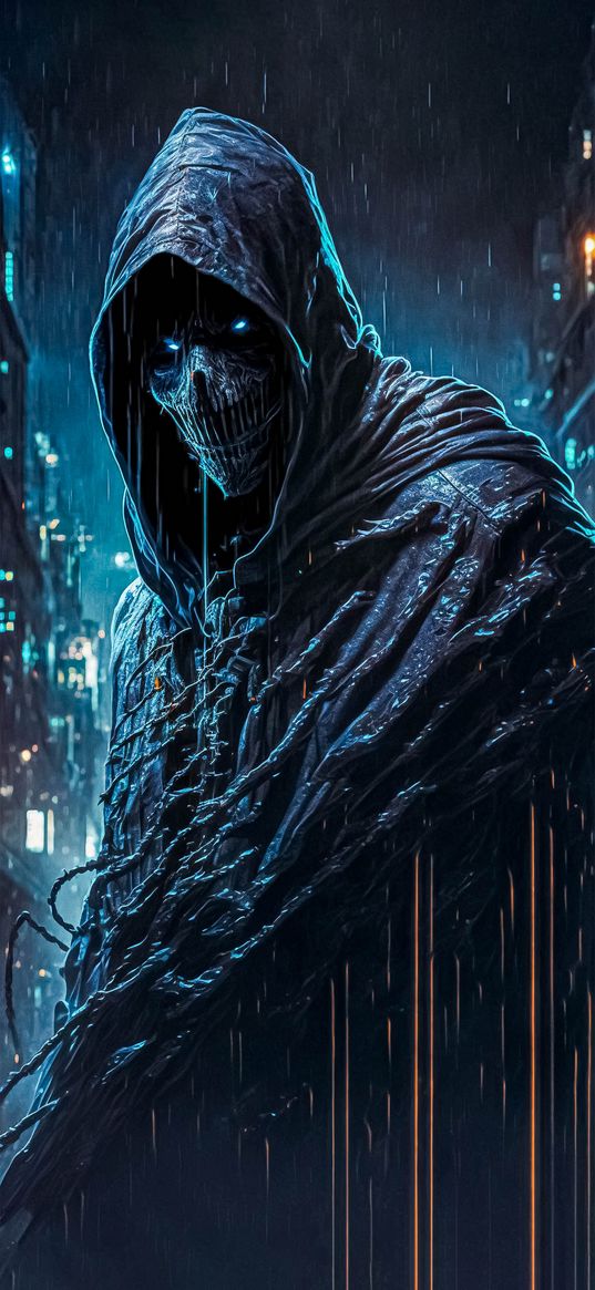 reaper, shinigami, death, dark, blue reaper, ghost, horror, night, rain