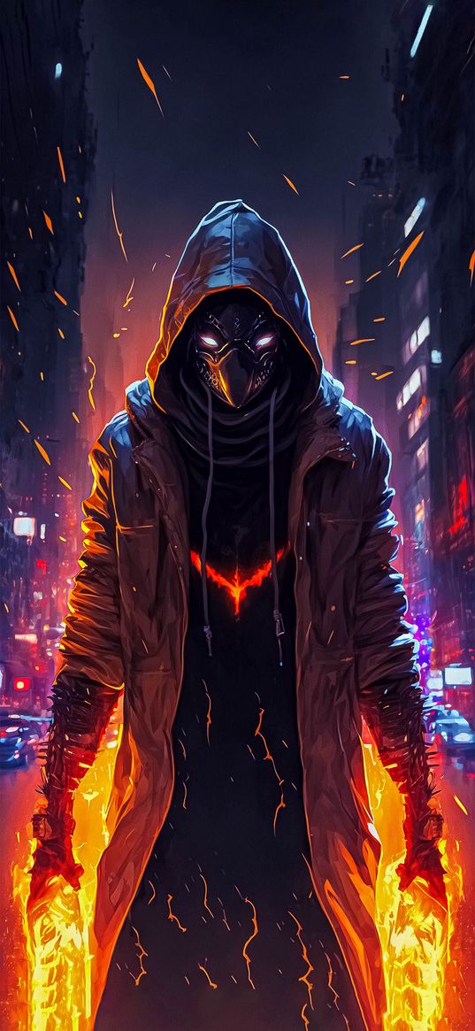 red flame, metal bat, hawk, mask, cool, dynamic, lightning, city, man, hood