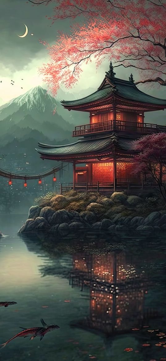 pagoda, tree, mountain, lake, art