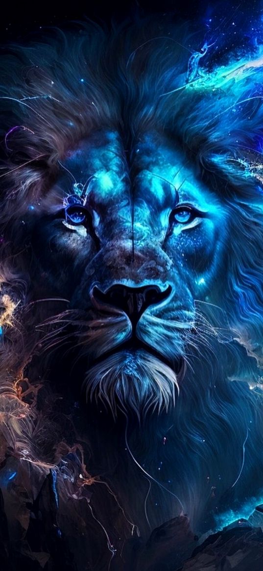 lion, animal, cosmos, paints, blue, art