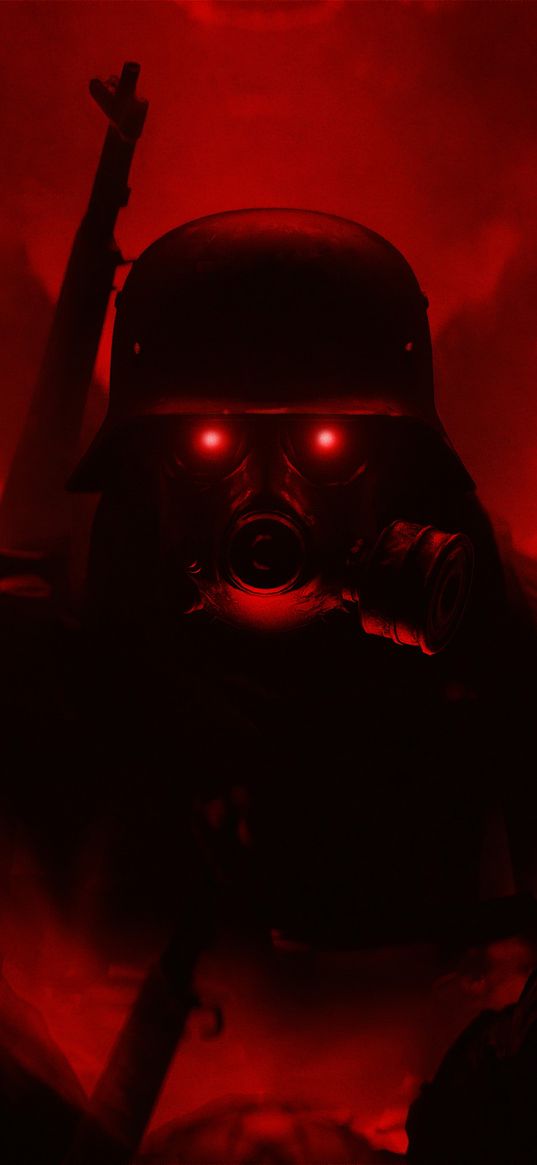 military, rifle, red eyes, red, dark, gas mask