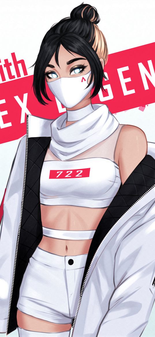 apex legends, game, girl, mask, white, black hair, white eyes, jacket, art