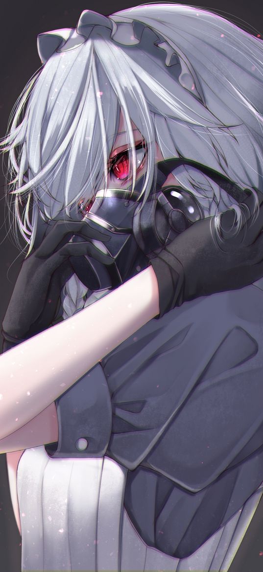 anime, girl, white hair, gas mask, rshort hair, art