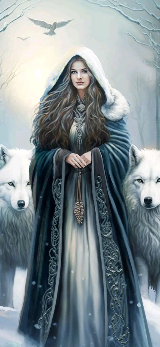 girl, wolves, bird, forest, snow, winter, fantasy, art