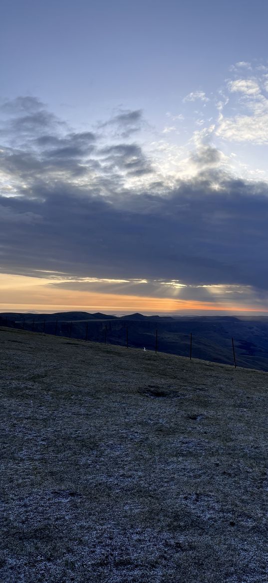 field, snow, pillars, fence, mountains, valley, sunset, clouds, sky, landscape, nature