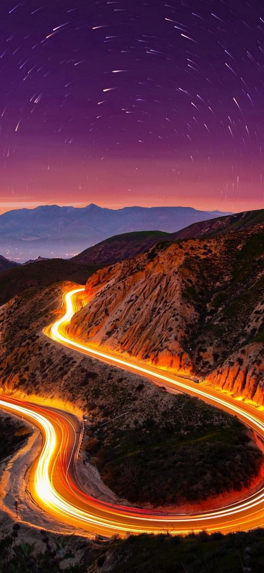 road, timelapse, valley, hills, night sky