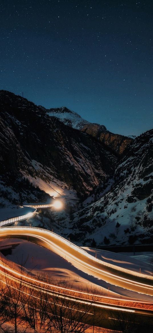 road, timelapse, valley, hills, blue sky, stars