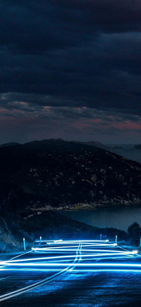 road, lights, valley, river, hills, cloudy sky, night