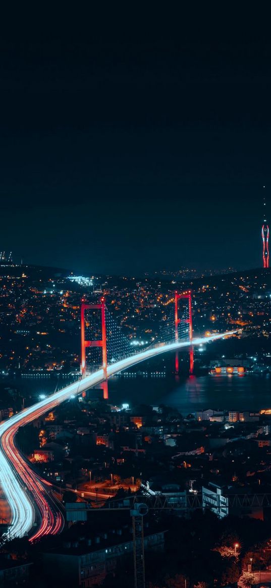 city, bridge, lights, night sky