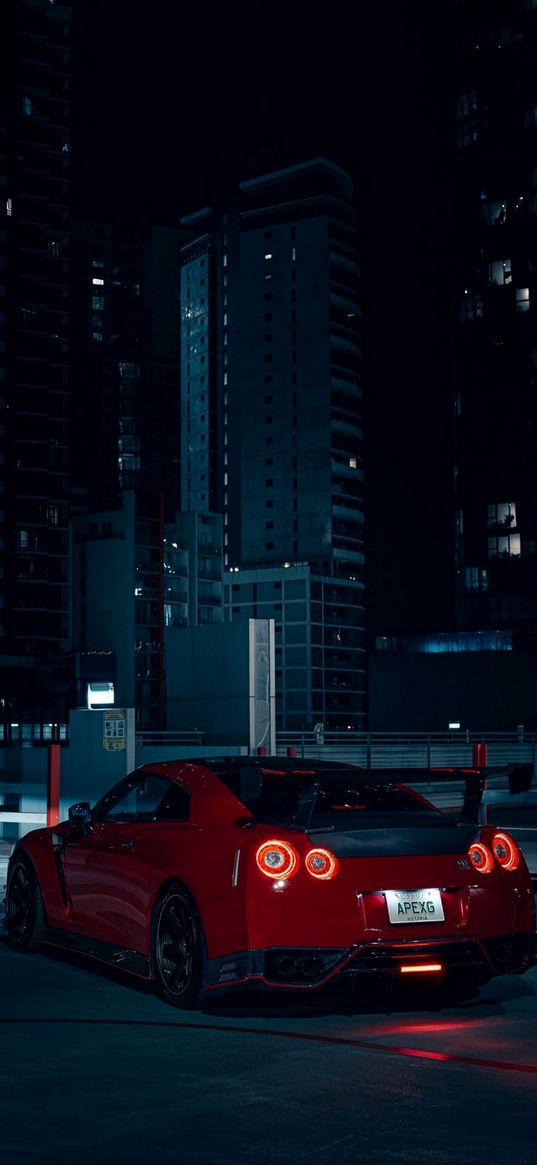 car, city, buildings, night, red