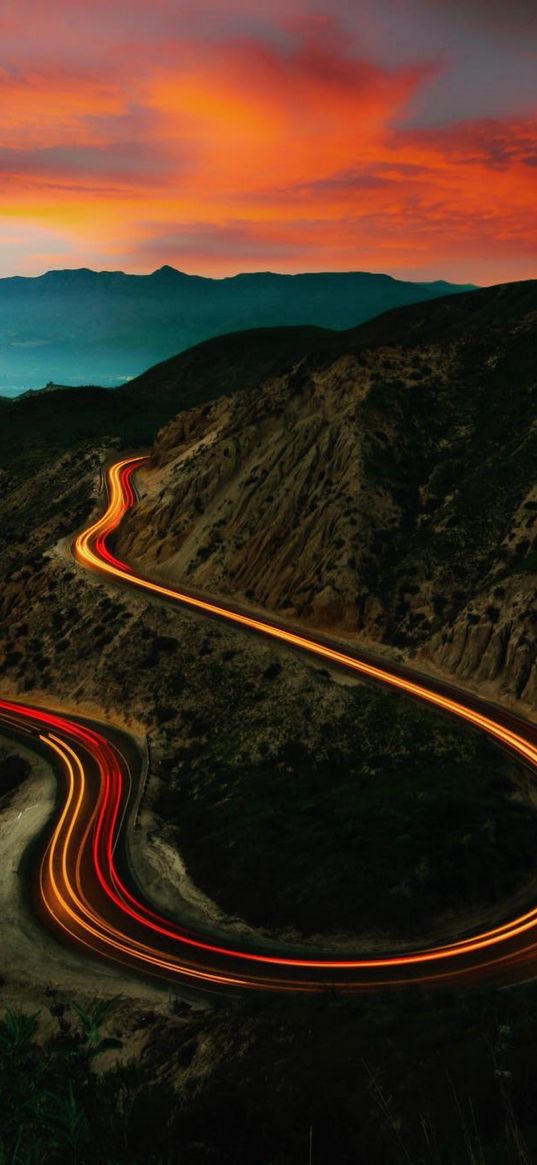 road, timelapse, valley, hillside, hills, sunset, cloudy sky