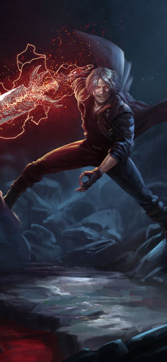 devil may cry, dante, game, character, sword, glow, lightning, red