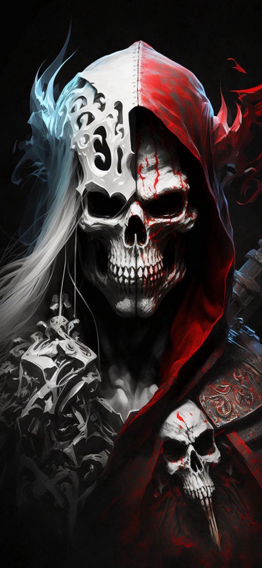 skeleton, skull, weapon, hood, red, white, half