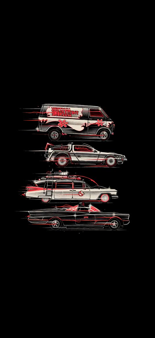 the mystery machine, time machine, ghostbusters, batmobile, cars, art