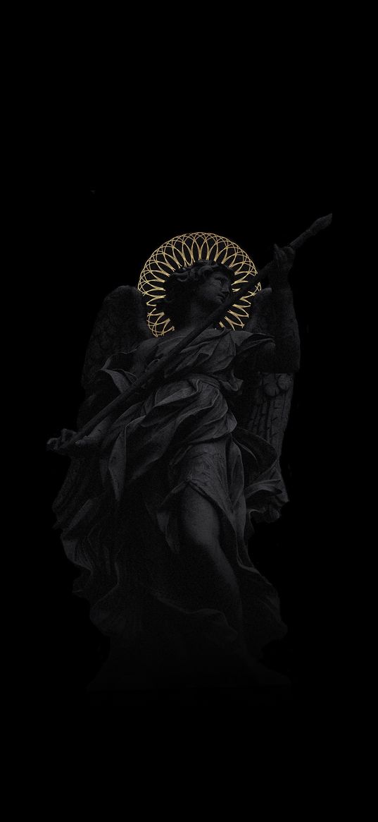 statue, archangel, spear, halo, gold, dark