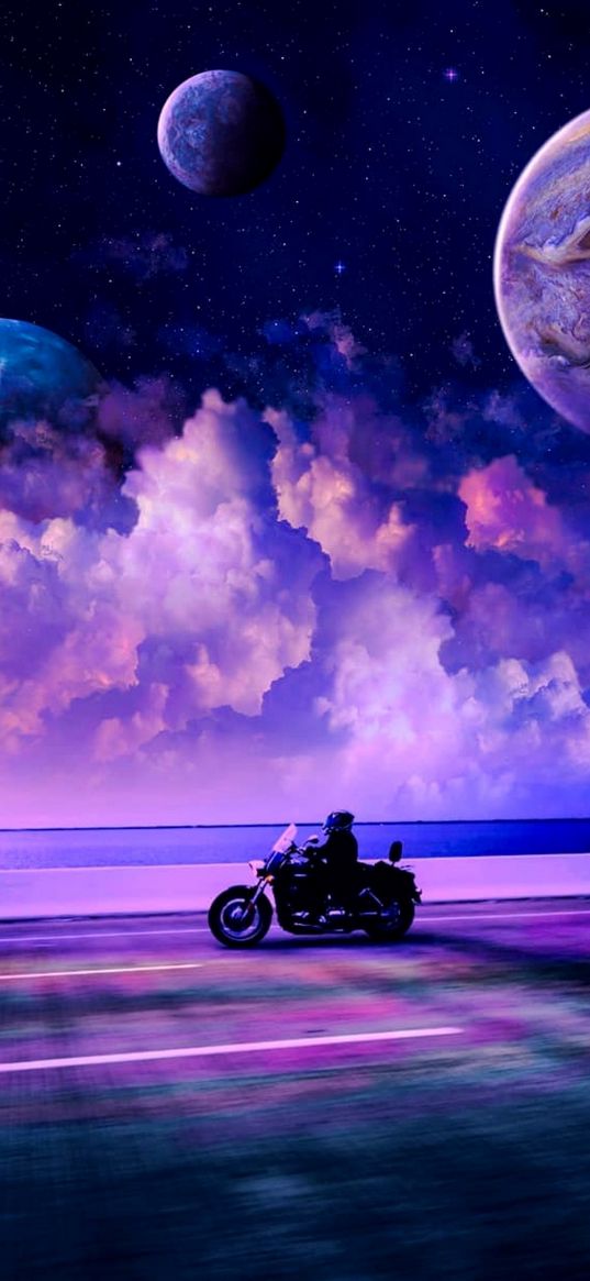 motorcycle, road, cloudy sky, planet