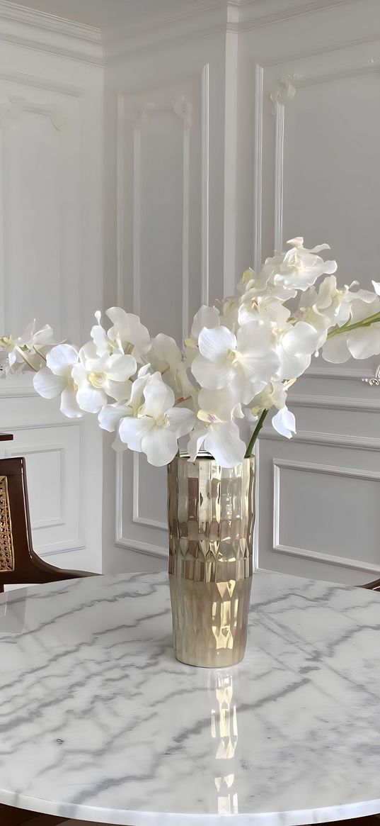 orchids, white, vase, gold