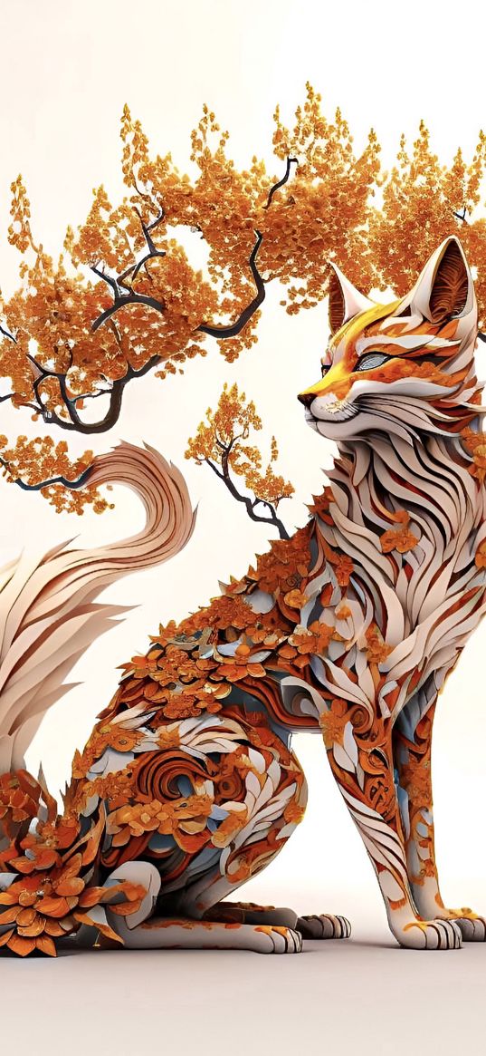 fox, animal, tree, branches, leaves, autumn, art