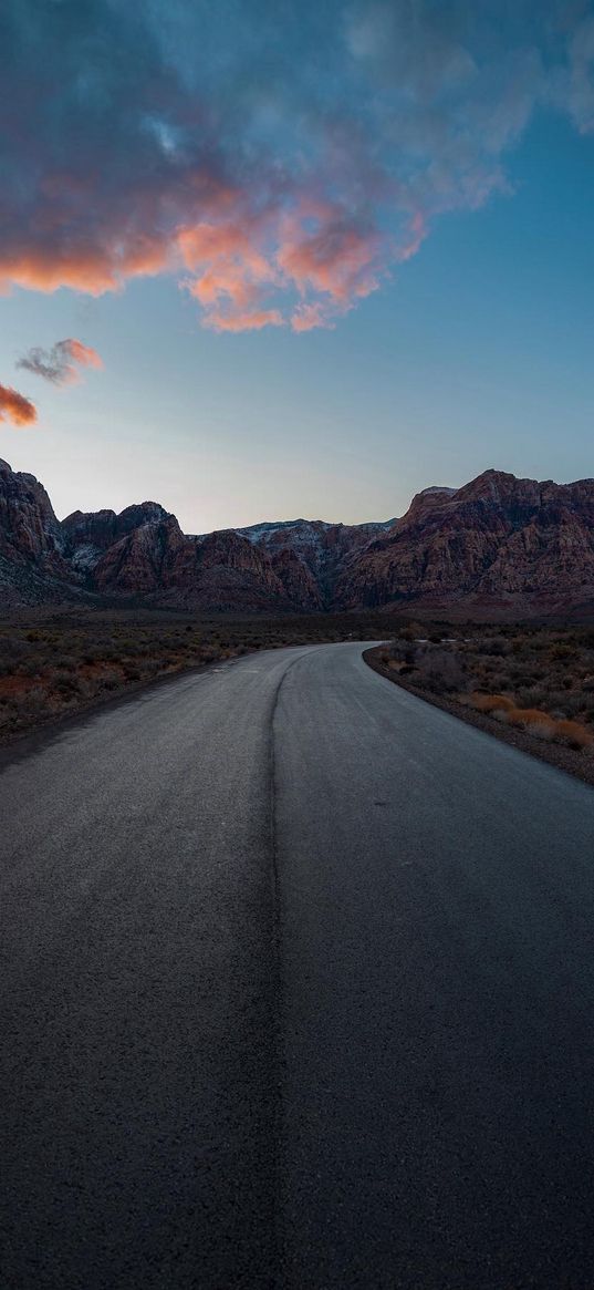 road, hills, savannah, sunset, sky, clouds, nature