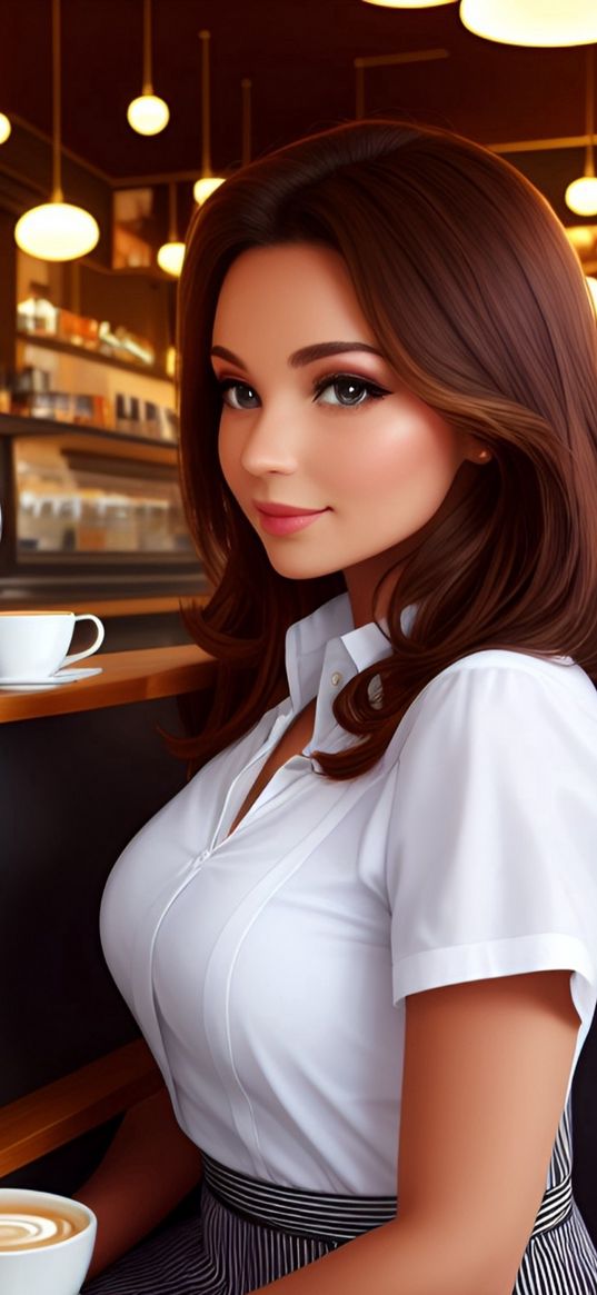 girl, cafe, light, brown hair, white blouse, smile, art