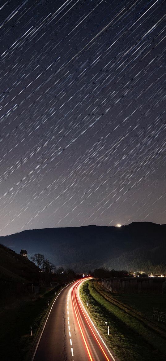 road, timelapse, trees, savannah, comets, night, landscape