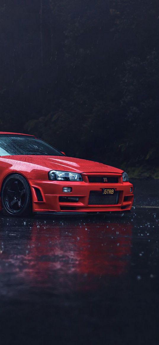 car, nissan, skyline, rain, puddles, red