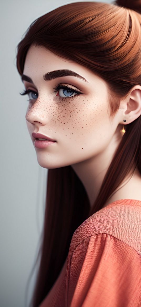 girl, freckles, portrait, decoration, brown hair, art