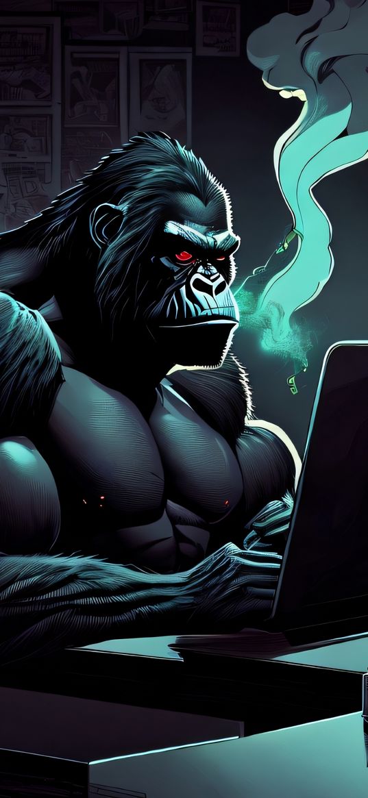 gorilla, office, computer, smoke, red eyes, art