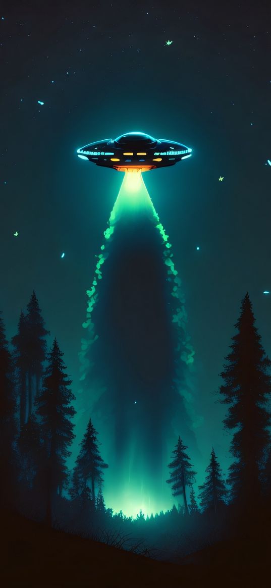 ufo, flying saucer, trees, forest, night, glow