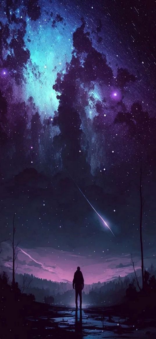 human, river, trees, sunset, comet, starry sky, nebulae, night, art