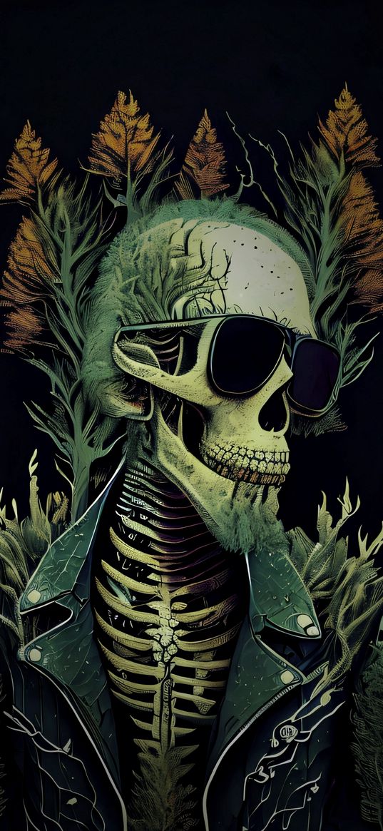 skeleton, vest, trees, plants, glasses