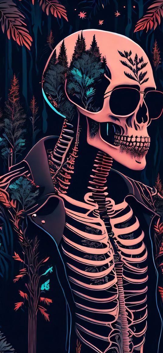 skeleton, jacket, trees, forest, glasses, art