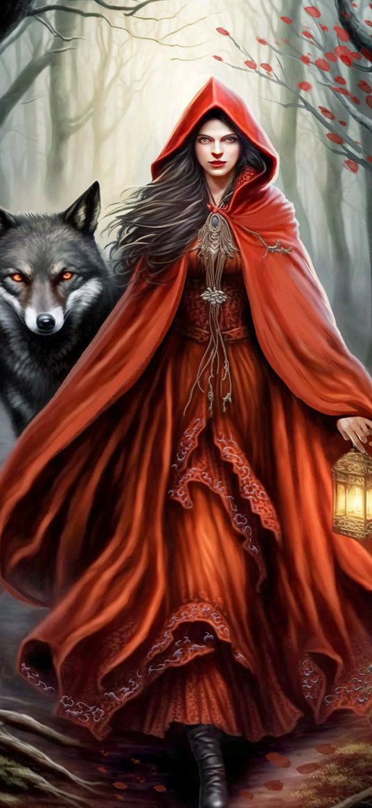 girl, red cloak, wolf, art