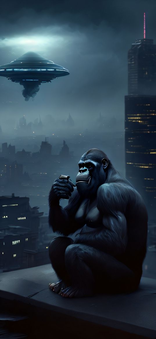 gorilla, animal, black, skyscraper, ufo, night, art