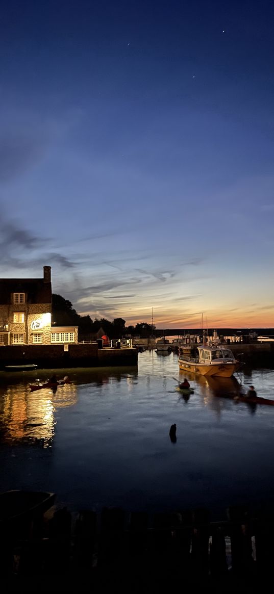 city, river, ship, house, sunset, cloudy sky