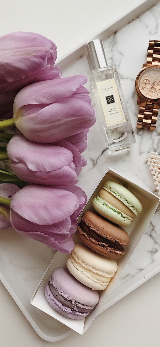 tulips, flowers, watches, macaroons, perfumes, gifts, aesthetics