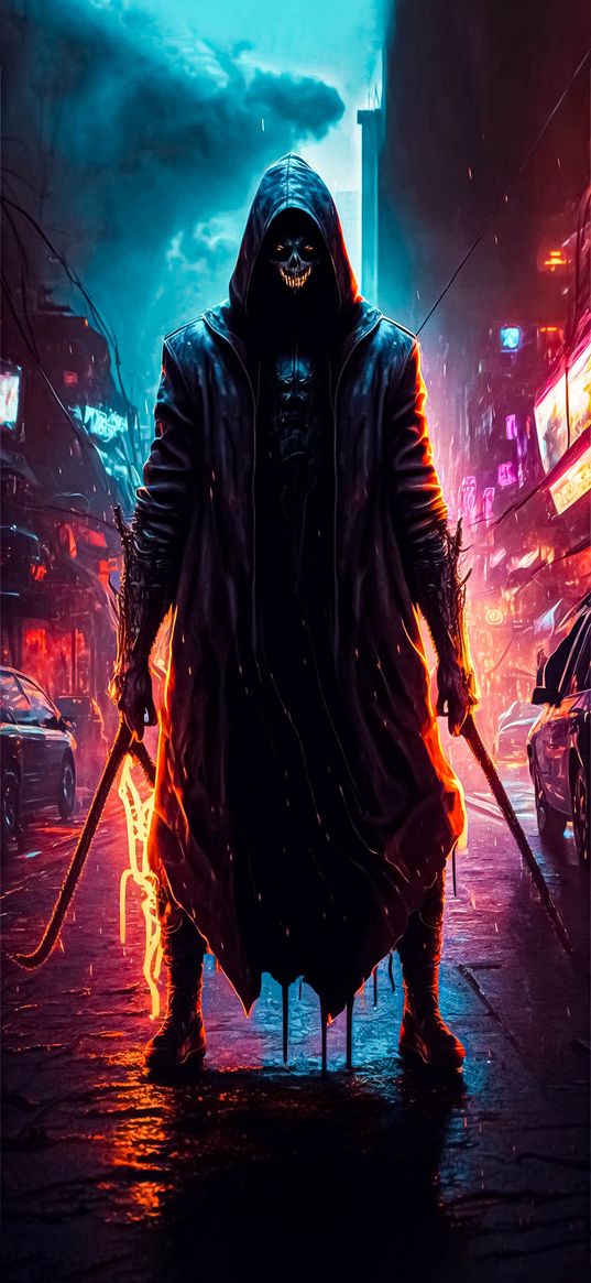 reaper, dark, city, death, mask, blood