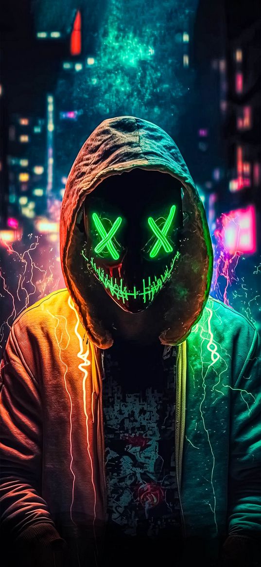 mask, green, yellow, dark, hoodie, city