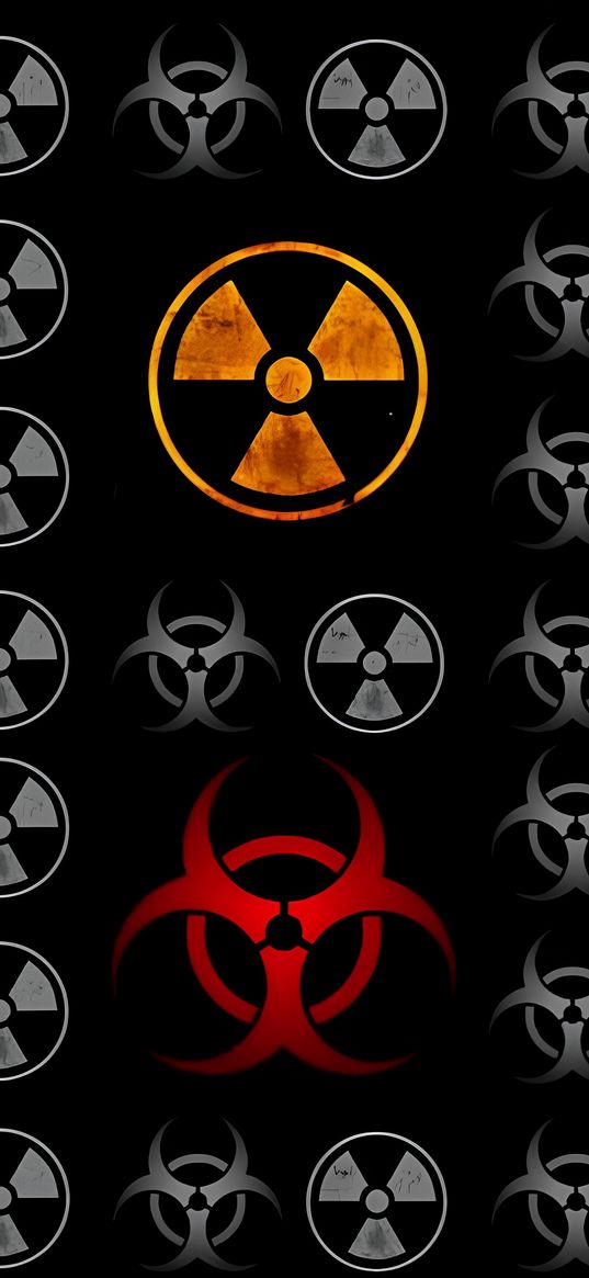 radiation, red, yellow, grey, black background