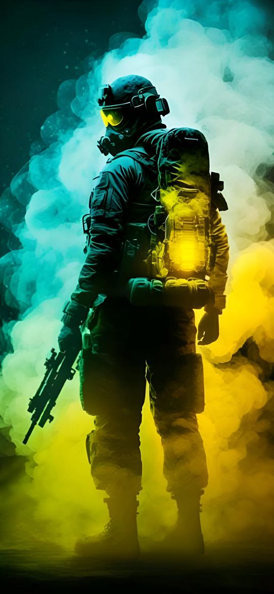 soldier, stalker, gas mask, weapon, smoke, blue, yellow, ai, art