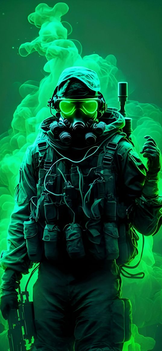 soldier, stalker, gas mask, weapons, smoke, green, ai, art