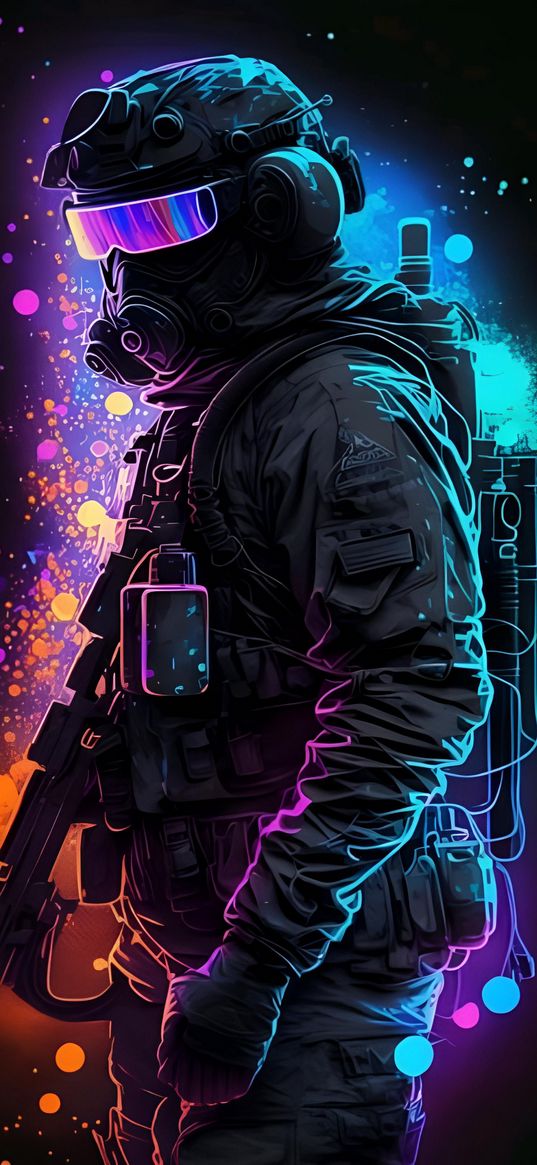 soldier, gas mask, weapon, colorful, ai, art