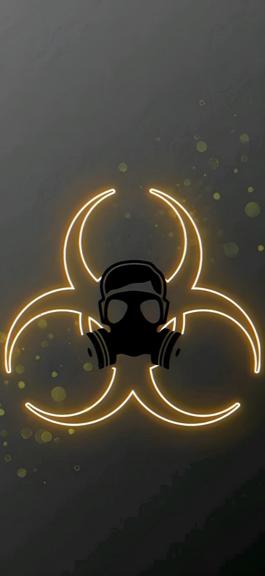 radiation, gas mask, neon, gray background, art