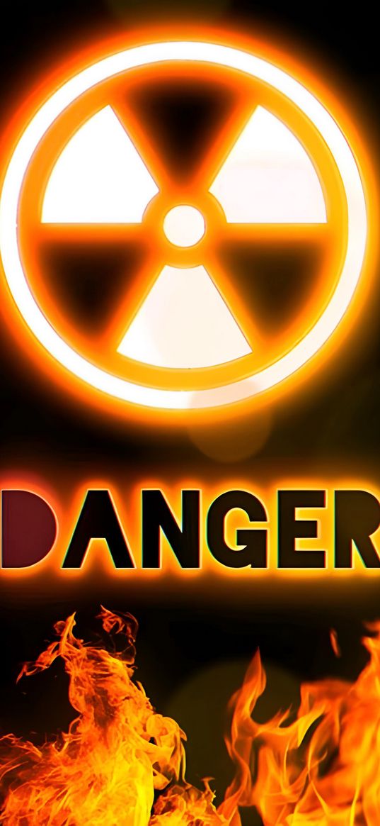 radiation, fire, danger, neon, orange, dark background