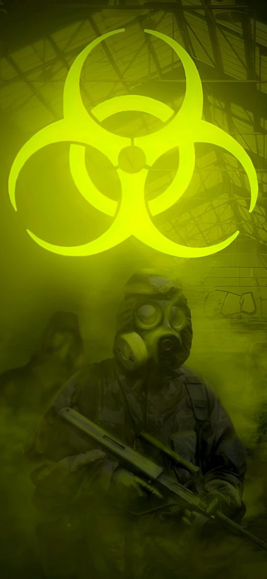 stalkers, soldiers, weapons, gas masks, radiation, yellow, art