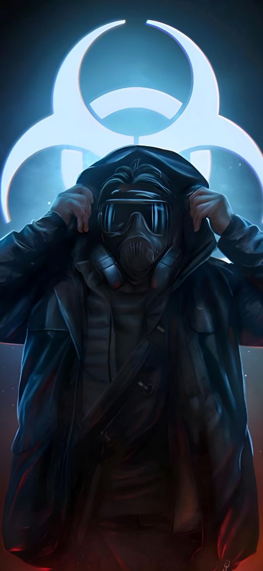 guy, gas mask, hood, radiation, neon, blue, art