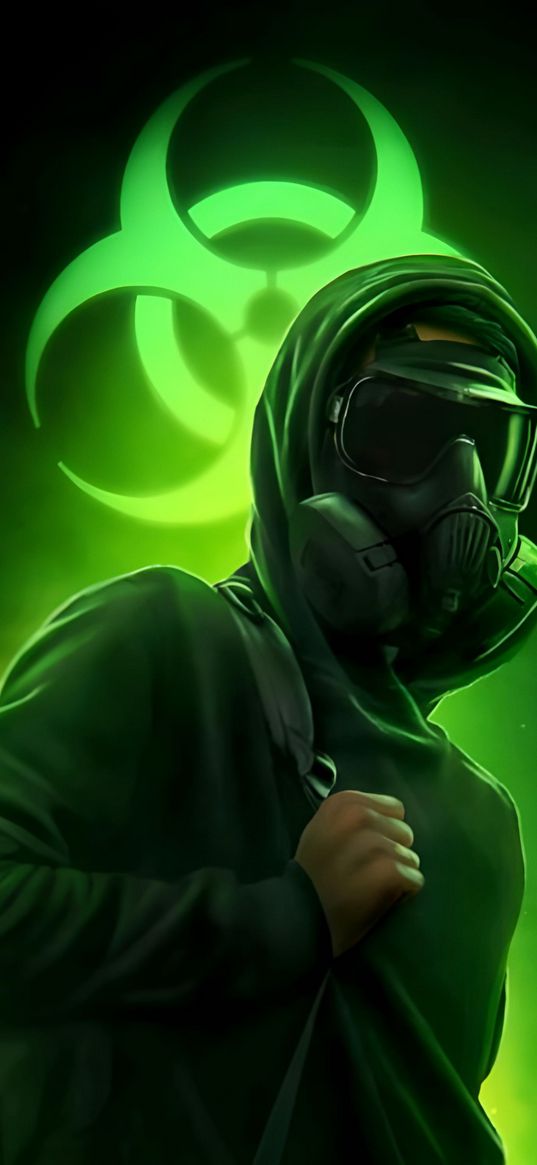 guy, gas mask, hood, radiation, green, art