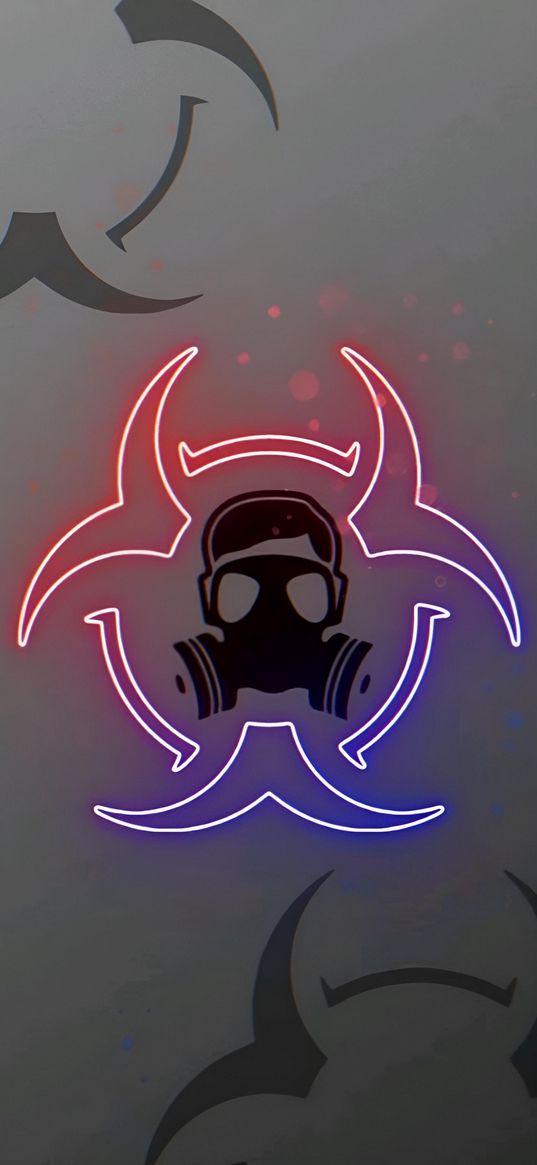 gas mask, radiation, neon, gray background, art