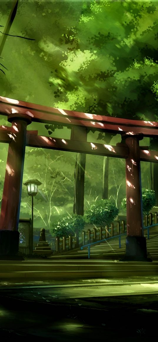 torii, temple, trees, forest, japan, nature, anime, art