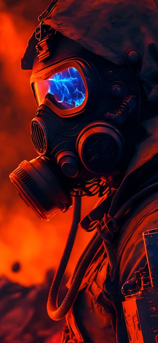 gas mask, stalker, soldier, red background, ai, art